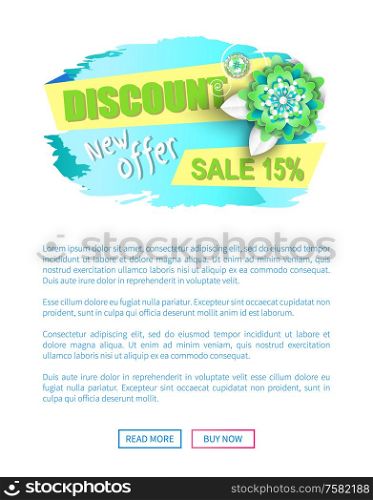 Discount new offer sale 15 percent off vector web banner. Reduction of price, promotion of goods, spring cost off, flowers decoration online poster. Discount New Offer Sale 15 Percent Off Vector Web