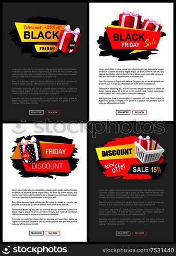 Discount new offer sale off, stickers with purchase, wrapped packages in shopping cart. Promo label tags, brush strokes on web posters with text sample. Discount New Offer Sale Off Stickers with Purchase