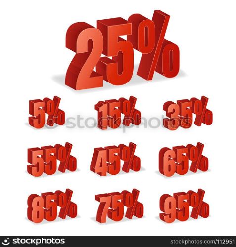 Discount Numbers 3d Vector. Discount Numbers 3d Vector. Red Sale Percentage Icon Set In 3D Style Isolated On White Background. 10 percent off, 15 off and 20 percent off discount