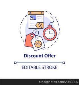 Discount offer concept icon. Digital marketing. Landing page abstract idea thin line illustration. Isolated outline drawing. Editable stroke. Roboto-Medium, Myriad Pro-Bold fonts used. Discount offer concept icon