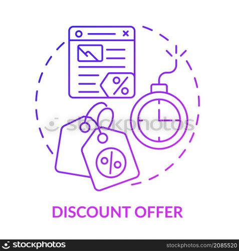Discount offer purple gradient concept icon. Digital marketing strategy. Landing page abstract idea thin line illustration. Isolated outline drawing. Roboto-Medium, Myriad Pro-Bold fonts used. Discount offer purple gradient concept icon