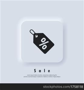 Discount offer sale price tag icon. Sale price tag logo. Flat label, clearance symbol, special deal clearance sale tag sticker. Vector. UI icon. Neumorphic UI UX white user interface web button.