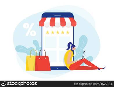 Discount online Shopping. Woman shop via Smartphone on black friday shop Flat Vector Illustration