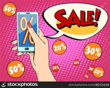 Discount online store smartphone app woman pop art retro style. Business concept online trading new technology and shopping. The woman buyer. Discount online store smartphone app woman