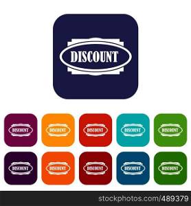 Discount oval label icons set vector illustration in flat style in colors red, blue, green, and other. Discount oval label icons set