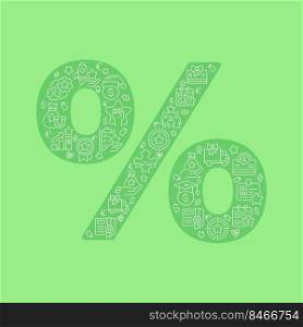 Discount pixel perfect shaped concept filled with editable linear icons. Special offer price. Shopping. Store sale. Simple thin line symbols composition on green background. Vector outline drawing. Discount pixel perfect shaped concept filled with editable linear icons