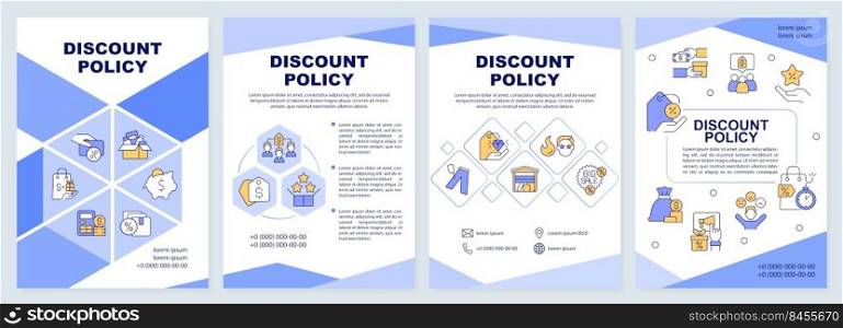 Discount policy blue brochure template. Sale strategy. Leaflet design with linear icons. Editable 4 vector layouts for presentation, annual reports. Arial-Black, Myriad Pro-Regular fonts used. Discount policy blue brochure template