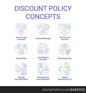 Discount policy blue gradient concept icons set. Sale offers. Customer benefits. Marketing strategy idea thin line color illustrations. Isolated symbols. Roboto-Medium, Myriad Pro-Bold fonts used. Discount policy blue gradient concept icons set