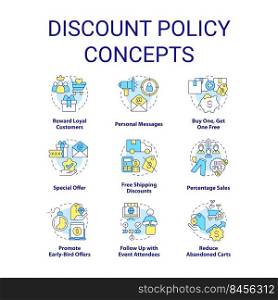 Discount policy concept icons set. Sale offers. Customer benefits. Marketing strategy idea thin line color illustrations. Isolated symbols. Editable stroke. Roboto-Medium, Myriad Pro-Bold fonts used. Discount policy concept icons set