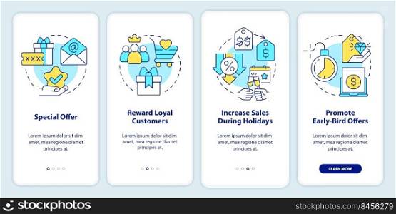 Discount policy onboarding mobile app screen. Marketing walkthrough 4 steps editable graphic instructions with linear concepts. UI, UX, GUI template. Myriad Pro-Bold, Regular fonts used. Discount policy onboarding mobile app screen