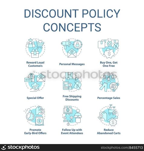 Discount policy turquoise concept icons set. Customer benefits. Marketing strategy idea thin line color illustrations. Isolated symbols. Editable stroke. Roboto-Medium, Myriad Pro-Bold fonts used. Discount policy turquoise concept icons set