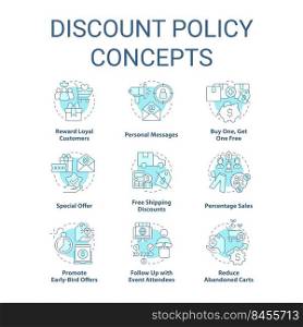 Discount policy turquoise concept icons set. Customer benefits. Marketing strategy idea thin line color illustrations. Isolated symbols. Editable stroke. Roboto-Medium, Myriad Pro-Bold fonts used. Discount policy turquoise concept icons set