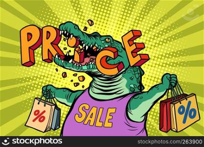 discount prices sale green crocodile character. Comic cartoon pop art retro vector illustration drawing. discount prices sale green crocodile character
