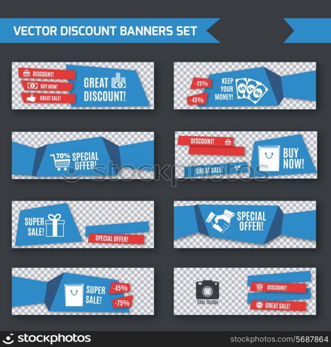 Discount promotion advertising blue origami paper banners set isolated vector illustration