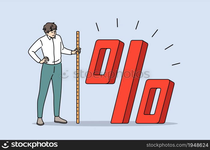 Discount, sale and marketing concept. Young man standing with measure type and measuring size of huge percentage with sale promotion vector illustration. Discount, sale and marketing concept