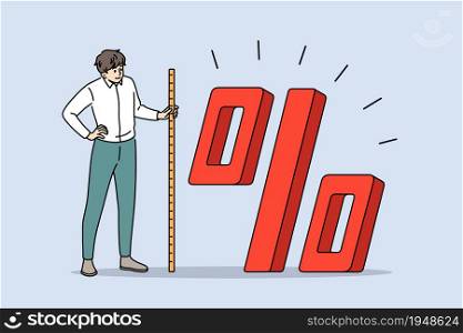 Discount, sale and marketing concept. Young man standing with measure type and measuring size of huge percentage with sale promotion vector illustration. Discount, sale and marketing concept