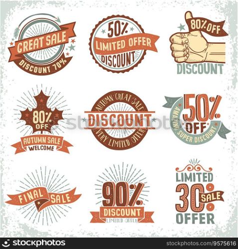Discount sale coupons logos labels in vintage vector image
