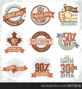 Discount sale coupons logos labels in vintage vector image
