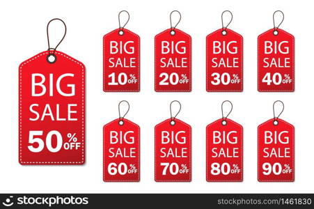 Discount sale off tag 50, 20, 10, 40, 30, 60, 70, 80, 90 percent.Set label sale offer, badge price promo number.Flat hang offer stamp, ribbon clearance sale. Hang tag big offer, red card. vector eps10