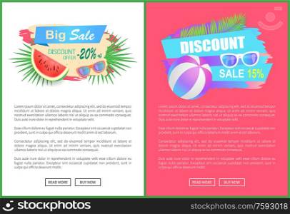 Discount sale, summertime offer vector. Palm leaves, watermelon,promo tags 20 and 15 percent price off. Ball for playing volleyball and protective sunglasses. Discount Sale, Summertime Offer Vector Palm Leaves