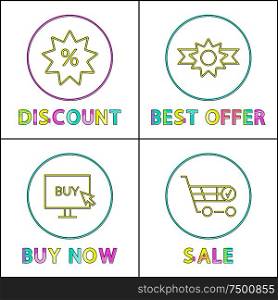 Discount sales posters set. Best offers of production in online store, shopping trolley for buying products. Clearances signs vector illustration. Discount sales posters set vector illustration