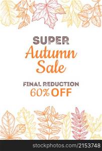 Discount shop banner. Sale autumn poster, super special prices with sketch colorful leaves. Yellow oak maple leaf, shopping advertising vector background. Autumn discount price and offer. Discount shop banner. Sale autumn poster, super special prices with sketch colorful leaves. Yellow oak maple leaf, shopping advertising vector background