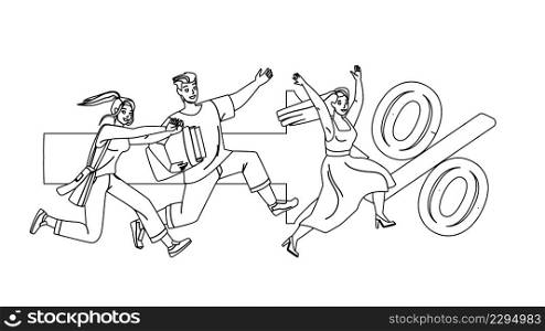 Discount Shopping Running People Together Black Line Pencil Drawing Vector. Man And Women Customers Run To Store At Season Discount Shopping. Characters Clients Shop Holiday Selling Illustration. Discount Shopping Running People Together Vector