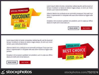 Discount special promotion label and best choice for exclusive products tag landing page. Advertising geometrical multilayer emblems with text sample.. Sale Promotional Labels Sample on Landing Page