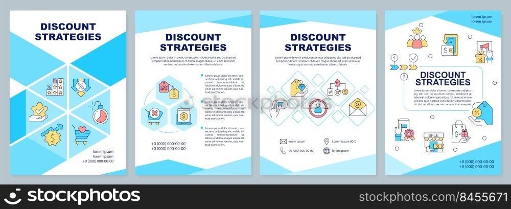 Discount strategies blue brochure template. Business plan. Leaflet design with linear icons. Editable 4 vector layouts for presentation, annual reports. Arial-Black, Myriad Pro-Regular fonts used. Discount strategies blue brochure template