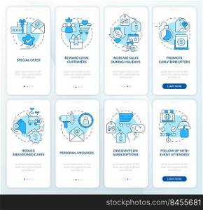 Discount strategy blue onboarding mobile app screen set. Sales walkthrough 4 steps editable graphic instructions with linear concepts. UI, UX, GUI template. Myriad Pro-Bold, Regular fonts used. Discount strategy blue onboarding mobile app screen set
