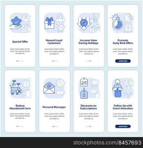 Discount strategy light blue onboarding mobile app screen set. Sales walkthrough 4 steps editable graphic instructions with linear concepts. UI, UX, GUI template. Myriad Pro-Bold, Regular fonts used. Discount strategy light blue onboarding mobile app screen set