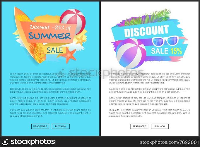 Discount summer sale poster with text. Ball for playing volleyball, surfing board and sunglasses, marine starfish Summertime offerings promotion vector. Discount Summer Sale Poster Vector Illustration