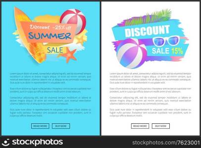 Discount summer sale poster with text. Ball for playing volleyball, surfing board and sunglasses, marine starfish Summertime offerings promotion vector. Discount Summer Sale Poster Vector Illustration