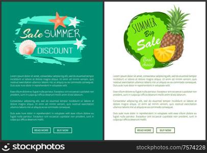 Discount summer sale posters set with marine seashell and starfish, pineapple whole and piece vector web online pages with fruit and aquatic life elements. Discount Summer Sale Posters with Marine Seashell