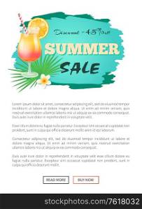 Discount summer sale web banner with cocktail with cool beverage, orange slice and straw for drinking. Flower and tropical leaves on promo labels. Discount Summer Sale Web Banner with Cocktail