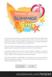 Discount summer sale web poster with text on stripe ball for playing volleyball. Surfing board and star. Summertime items and offerings proposal vector. Discount Summer Sale Poster Vector Illustration