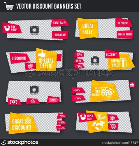 Discount super sale special offer yellow and red paper banners set isolated vector illustration