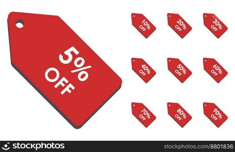 Discount tags, vector. Red tags with discounts from 5 to 90 percent, tags with shadows.