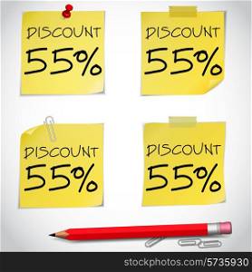 Discount text with numbers on yellow adhesive notes with pin and pencil isolated on white. Vector illustration