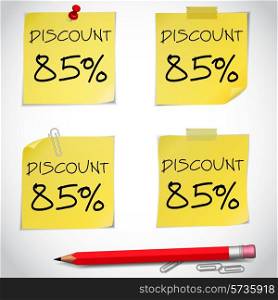 Discount text with numbers on yellow adhesive notes with pin and red pencil isolated on white. Vector illustration