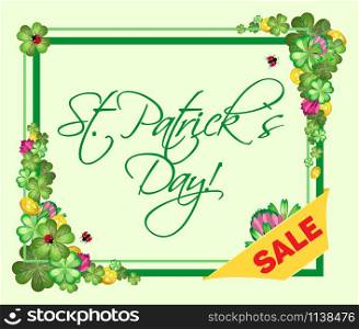 Discount vector frame with a composition of leaves and flowers of clover interspersed with gold coins for the feast of St. Patrick&rsquo;s Day. With the text of congratulations. Pastel green background.