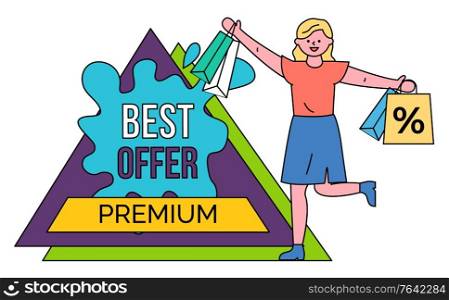 Discounts and offers vector, isolated geometric banner with blots. Woman with paper bags and percentage. Female character shopping using sales and special propositions from shops, flat style. Best Offer Premium Discounts for Shoppers Vector