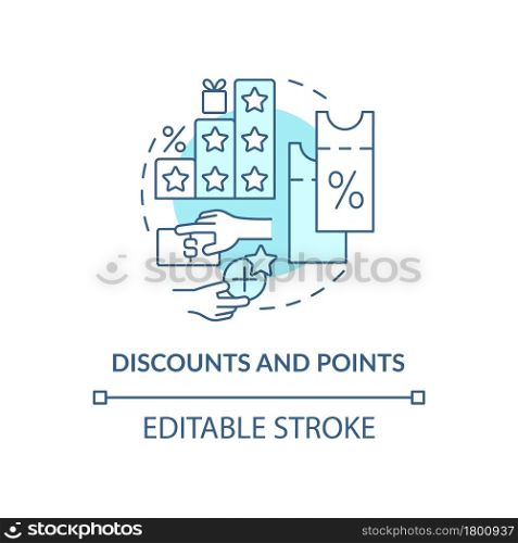 Discounts and points blue concept icon. Reward system for customers abstract idea thin line illustration. Shopping benefits. Loyalty program. Vector isolated outline color drawing. Editable stroke. Discounts and points blue concept icon
