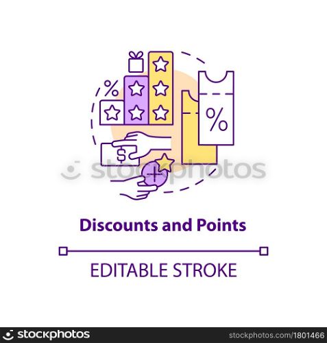 Discounts and points concept icon. Reward system for customers abstract idea thin line illustration. Shopping benefits. Loyalty program. Vector isolated outline color drawing. Editable stroke. Discounts and points concept icon