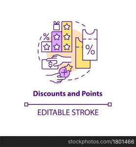 Discounts and points concept icon. Reward system for customers abstract idea thin line illustration. Shopping benefits. Loyalty program. Vector isolated outline color drawing. Editable stroke. Discounts and points concept icon