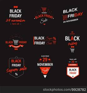 Discounts and sale badges for black friday seasonal holiday. Shopping cart and presents, banners with ribbons and calligraphic text. Best deals in shops and stores in autumn. Purchasing online vector. Black friday sale discounts and sale emblems set