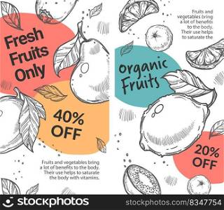 Discounts and sale for fresh fruits and organic products shop with delivery and reduction of price. Pears and apples, lemons and oranges. Website or landing page template, vector in flat style. Organic and fresh fruits 40 percent off discount