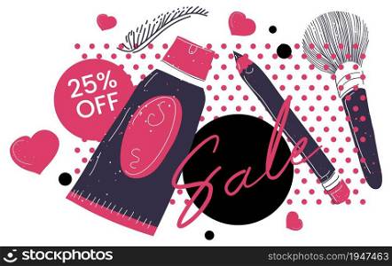Discounts and sale on cosmetic products, beauty salon or shop with offering up to 25 percent off. Lotion or foundation, brushes and pencils. Promotional banner or poster. Vector in flat style. Sale and discounts cosmetics products clearance