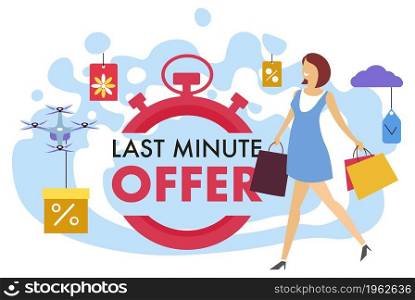 Discounts and sales in shops, shopping woman hurrying up to buy products with reduced price. Clearance and promotion, last minute offer limited time only countdown. Vector in flat style illustration. Last minute offer, woman shopping and buying stuff