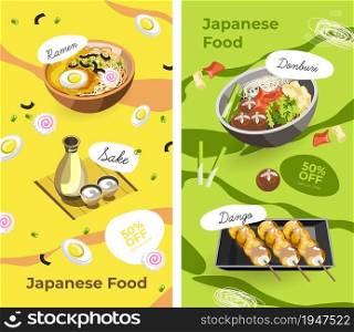Discounts and sales, promotion banner of japanese food, asian cuisine, oriental meals and dishes. Ramen and soup, donburi and sake alcohol traditionally served drink in bar. Vector in flat style. Japanese food menu, promotional banner discounts